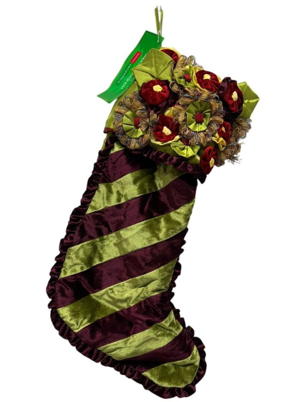 NWT Kingsbury Home Christmas Stocking Green Burgundy Velvet Striped 3-D Floral